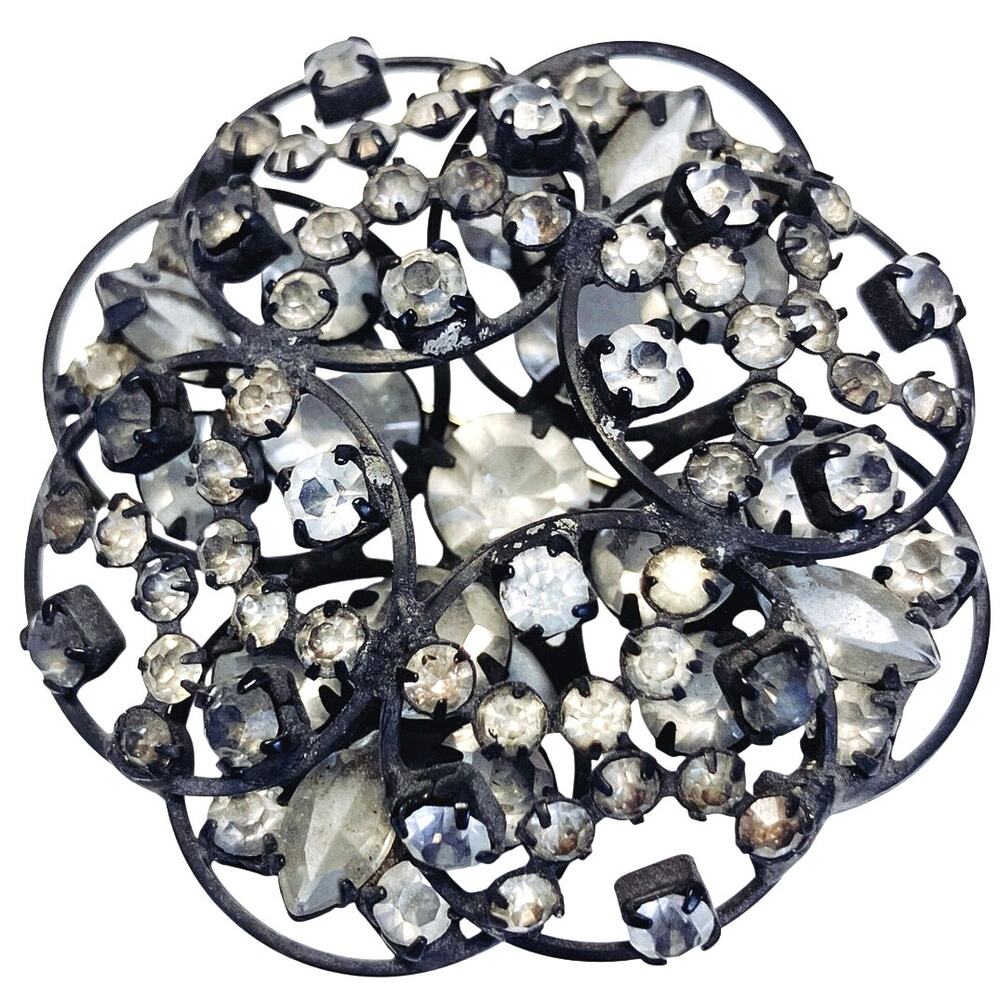 Vintage Mid Century Black Metal Rhinestone Brooch Dimensional Layered Floral Pin